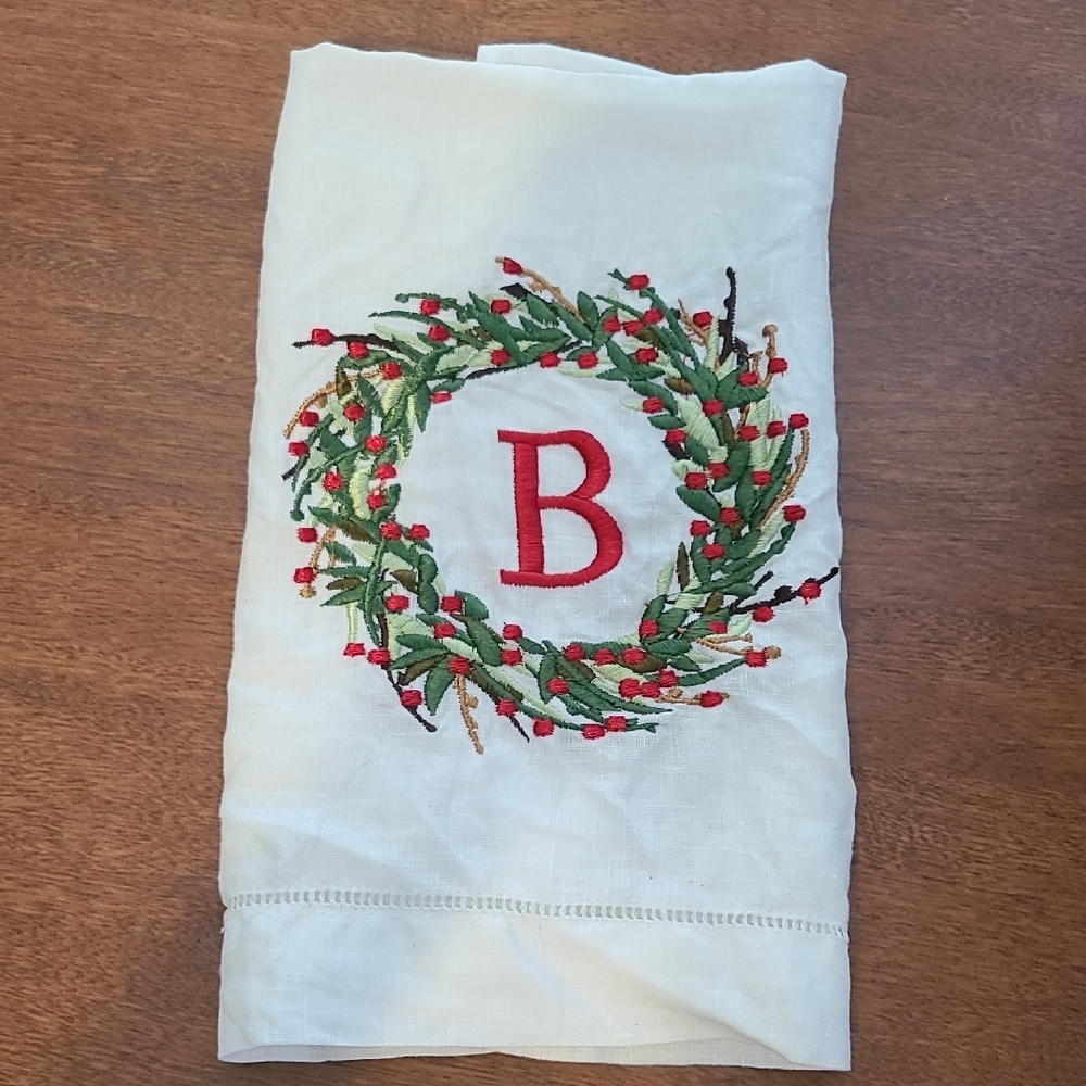 White Linen Towel with Red Monogram and Green Wreath